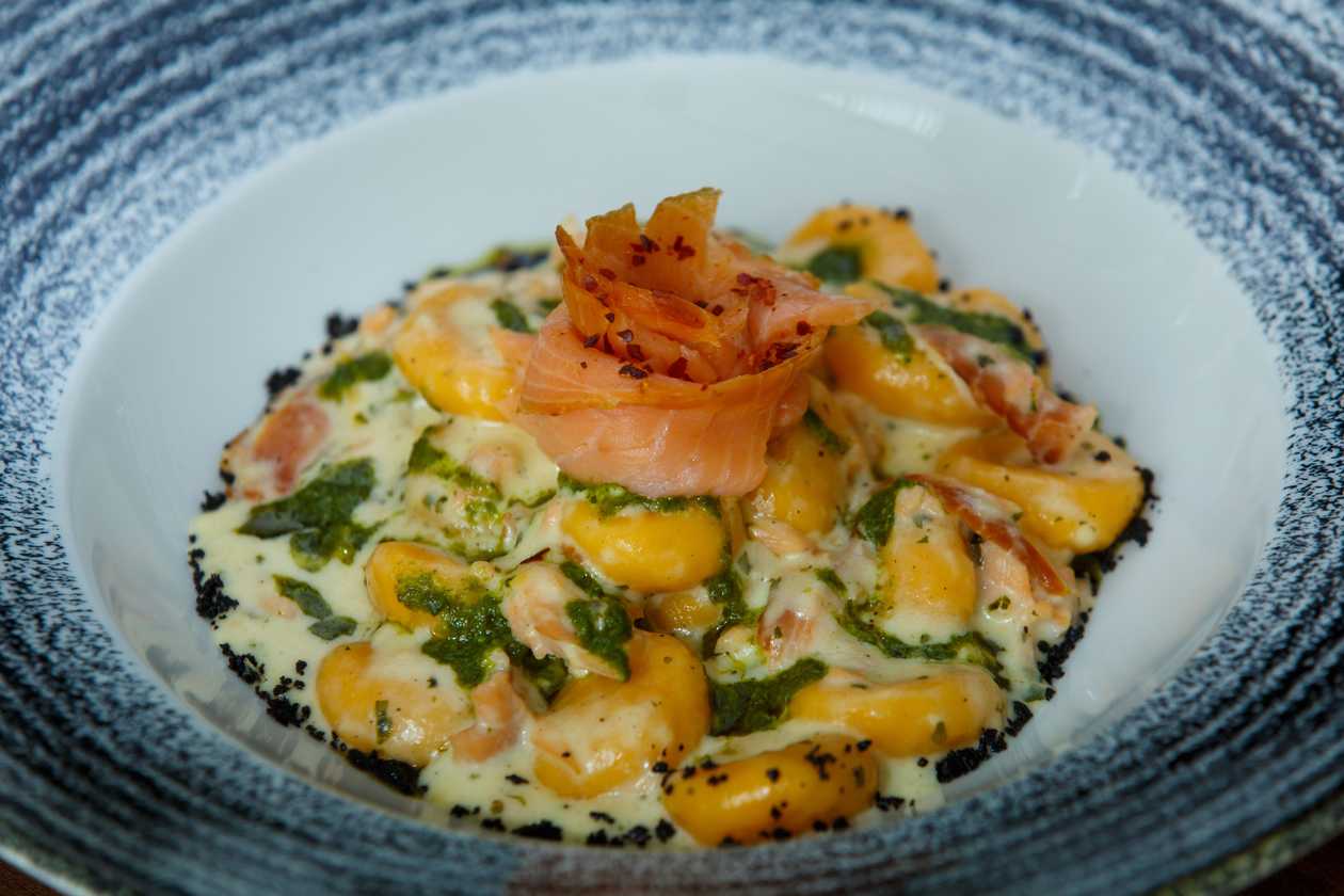 Homemade gnocchi with smoked salmon