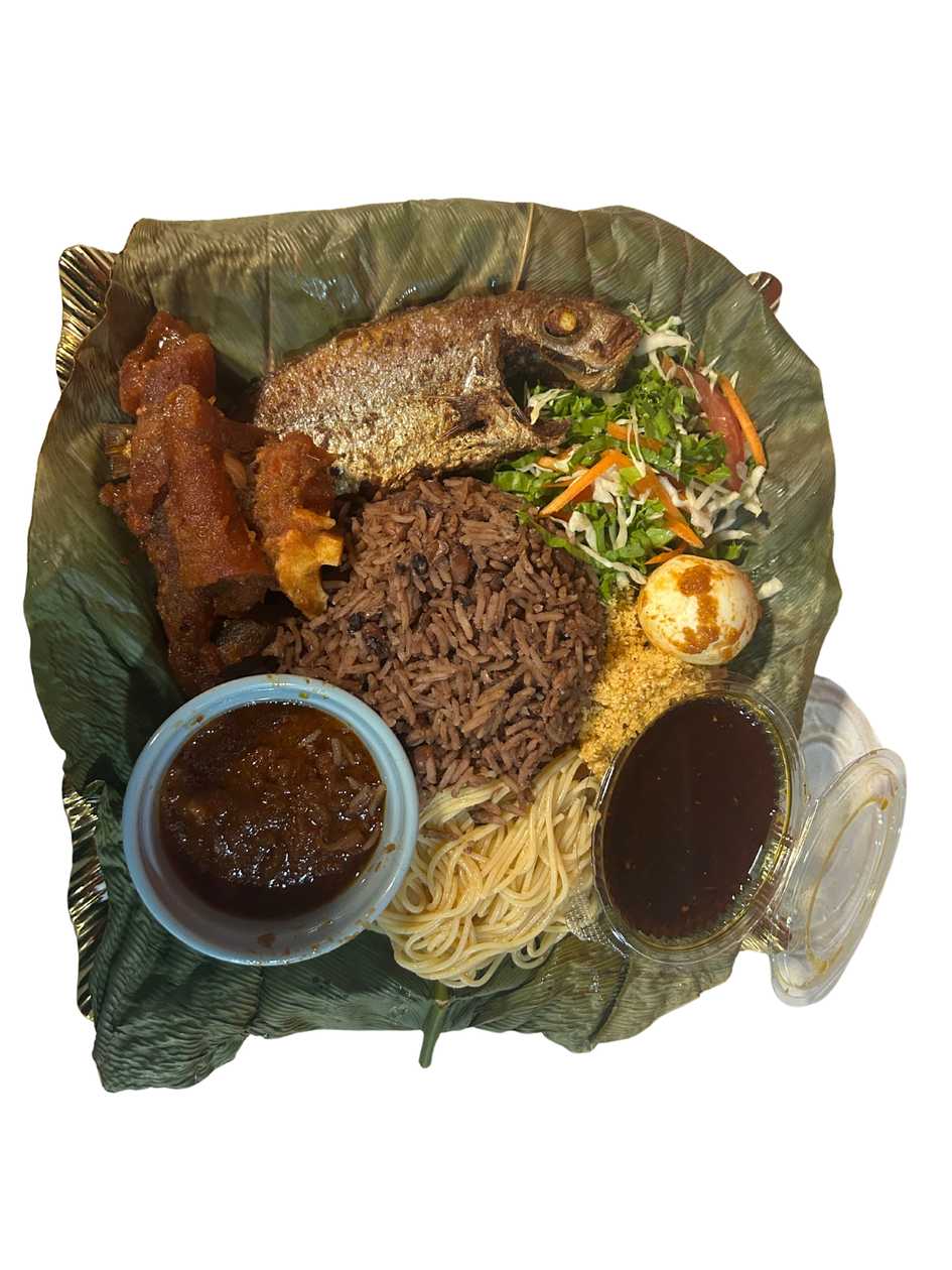 WAAKYE- Red Fish, Kotowde, Egg, Wele, Gari, Spagetti, Salad