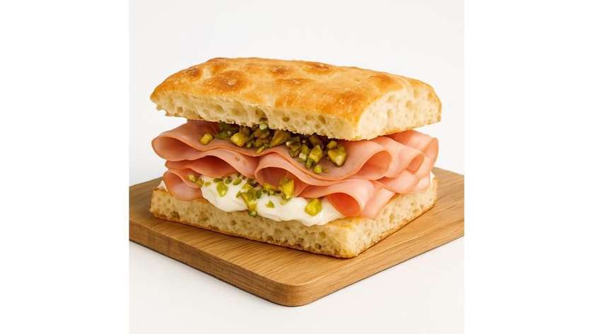 Focaccia with Mortadella, Buffalo Burrata & Pistachio Crush