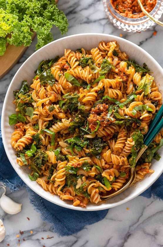 Pesto rosso pasta with chicken piccata