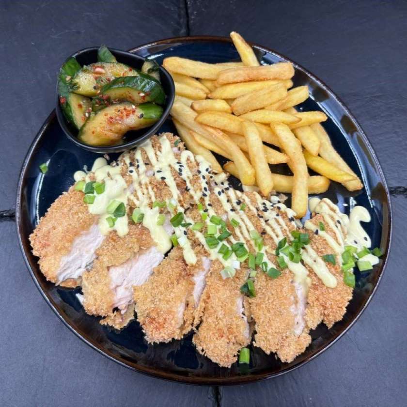 Spicy Katsumai Chicken with Fries and Broken Cucumbers
