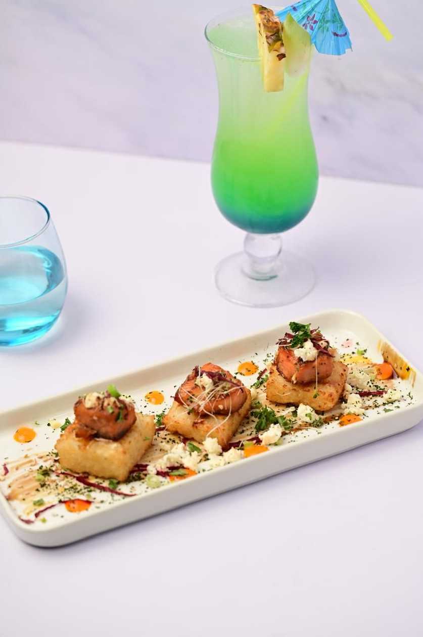 Honey glazed salmon with crispy rice
