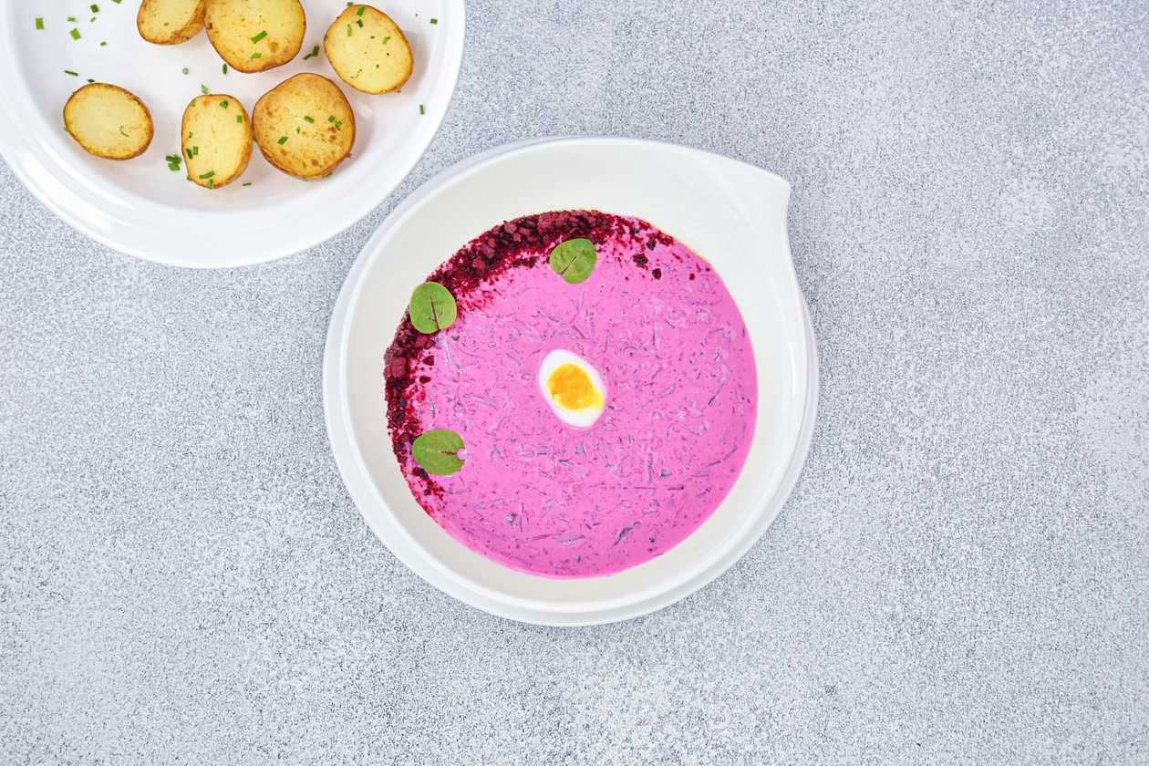 Cold beetroot soup with young potatoes