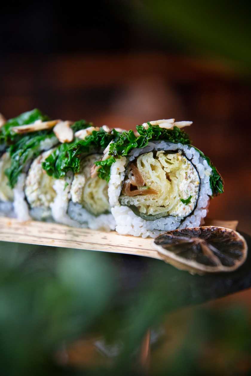 California Roll with Kale, Leek in Tempura, Roasted Sunflower Seeds and Smoked Tofu