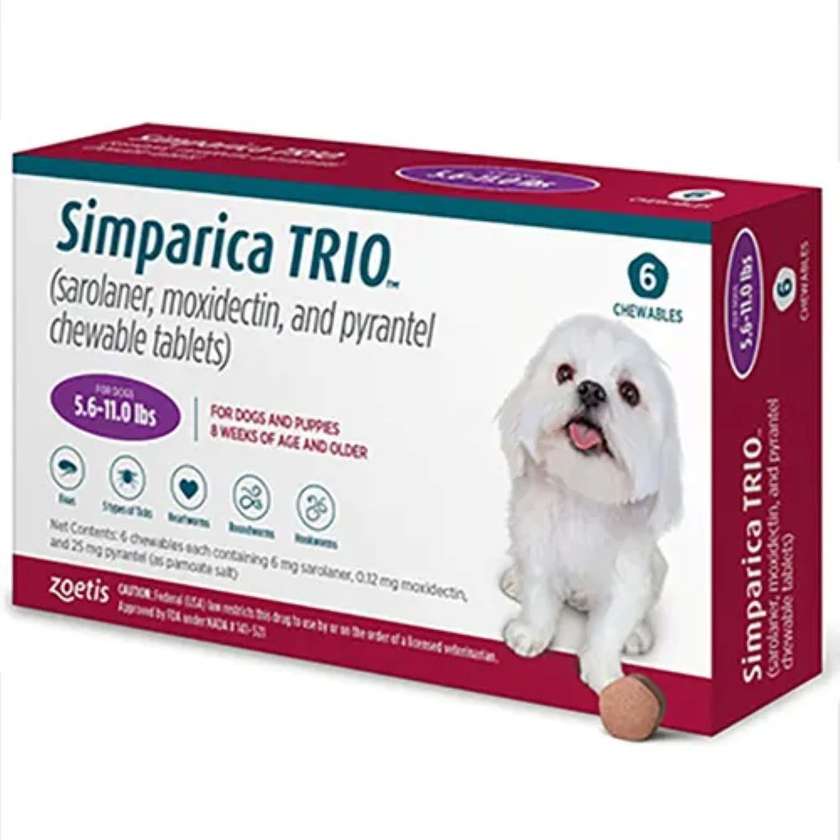 Simparica Trio 2.5 - 5 KG 1 აბი ანტიპარაზიტული საღეჭი ტაბლეტები.