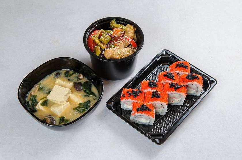 Classic Miso Soup, Udon with Chicken in Sweet Chili Sauce, and Alaska Roll