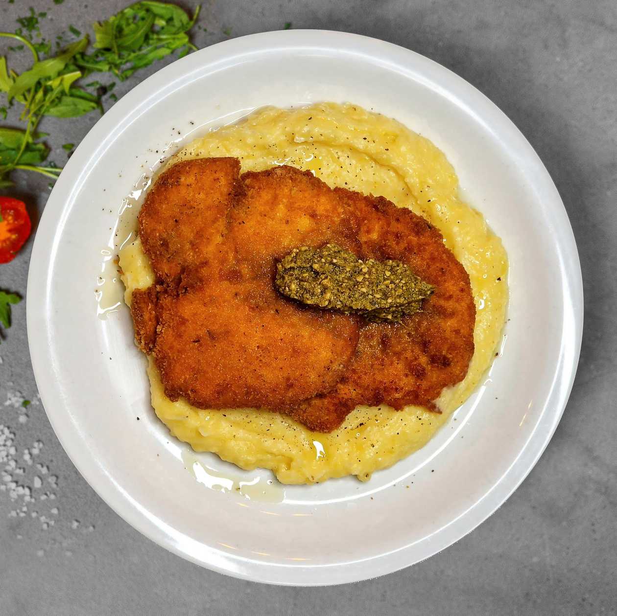 Chicken Schnitzel with Mashed Potatoes and Pesto Sauce