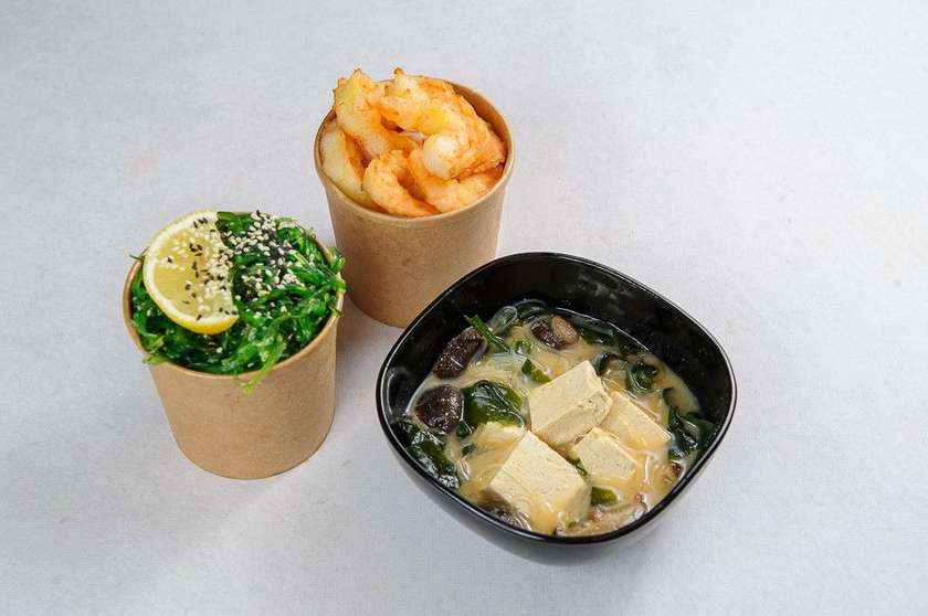 Classic Miso Soup, Wakame Salad, and Tempura Shrimp