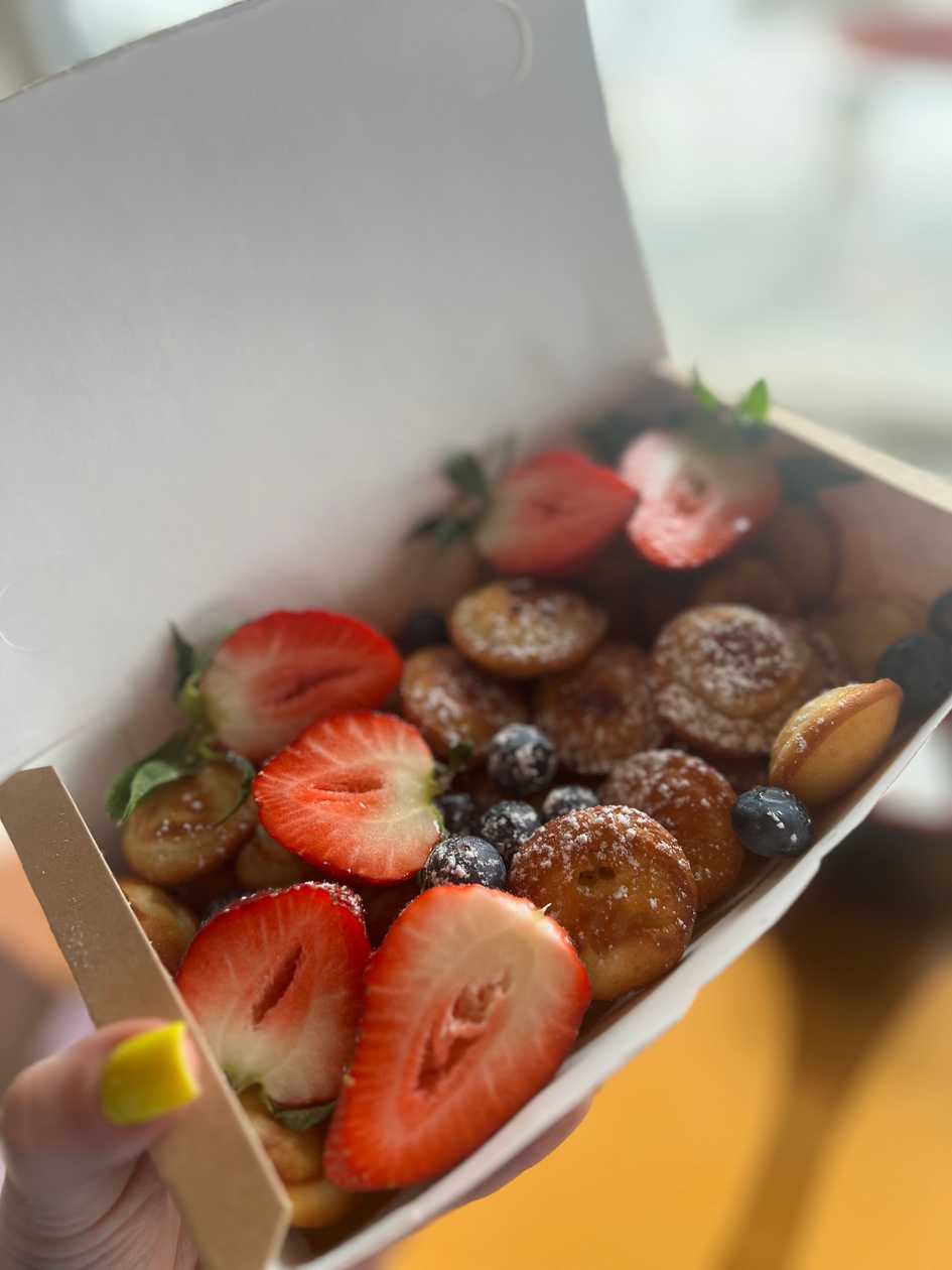 Homemade mini pancakes with fruit