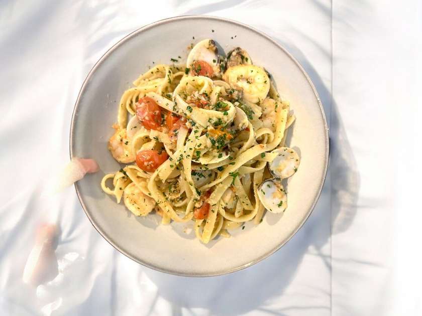Pasta with prawns and clams
