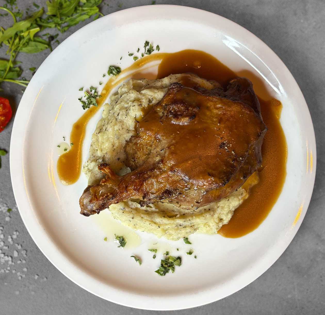Duck Leg Confit with Truffle Mashed Potatoes and Demiglace Sauce