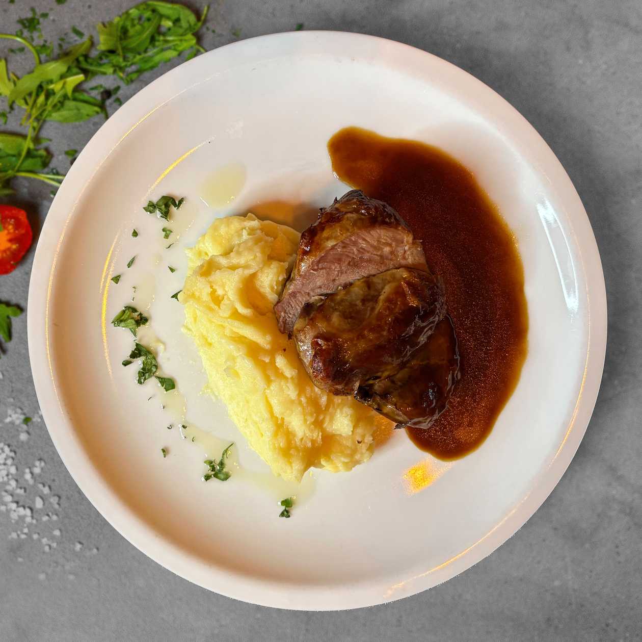 Pork Cheeks with Mashed Potatoes and House Soy-Orange Sauce
