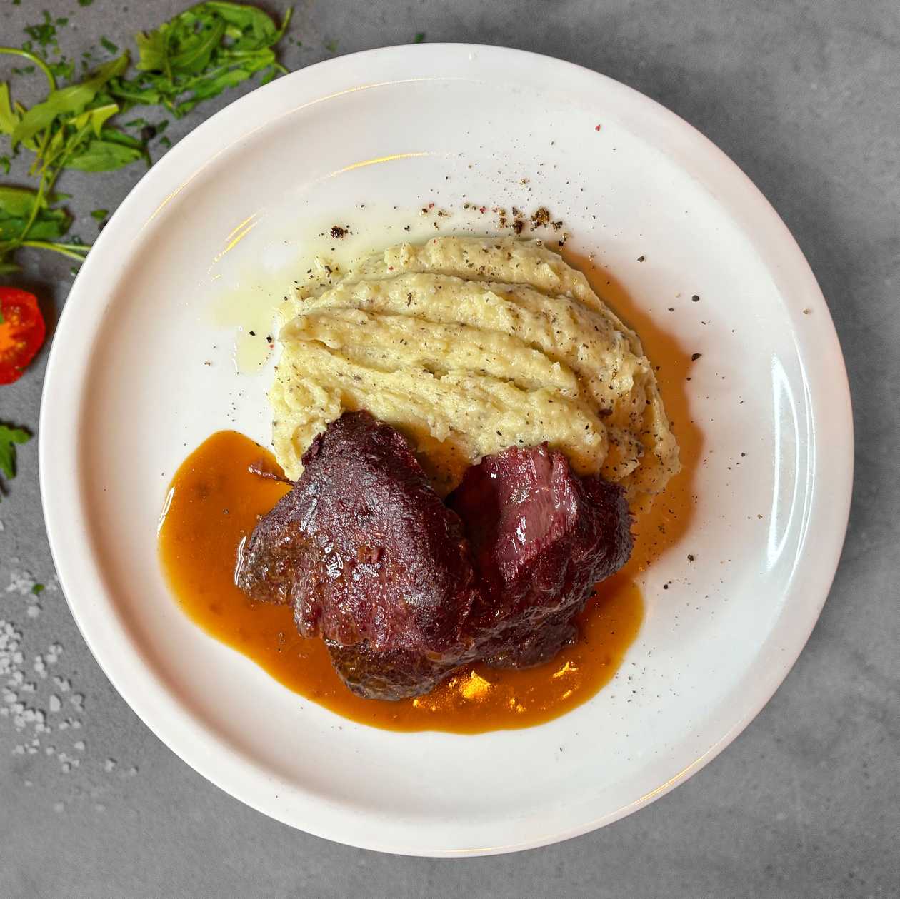 Beef Cheeks with Truffle Mashed Potatoes and Brown Sauce