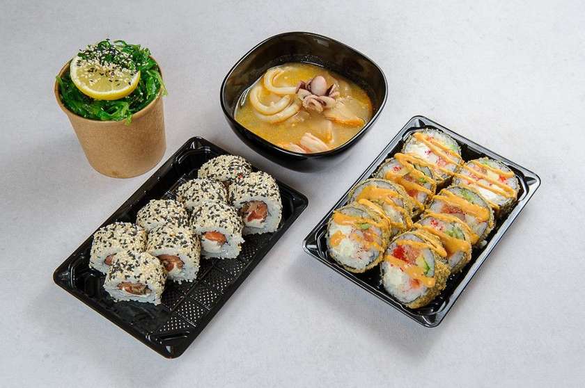 Tom-Yum Soup, Shitake Roll, Tempura Syake, and Wakame Salad