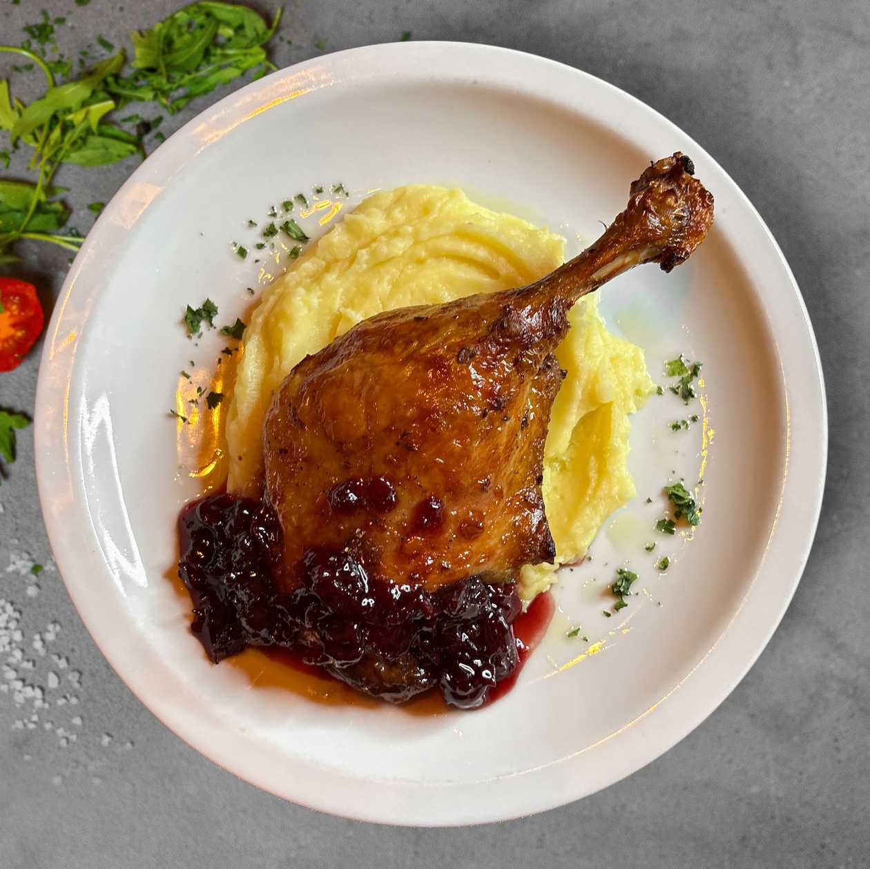 Duck Leg with Mashed Potatoes and Cherry Jam