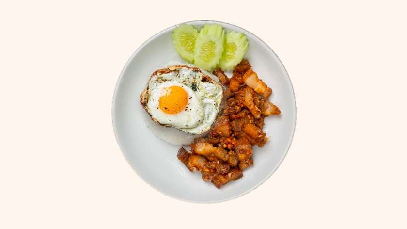 Fried meat garlic with fried egg & rice