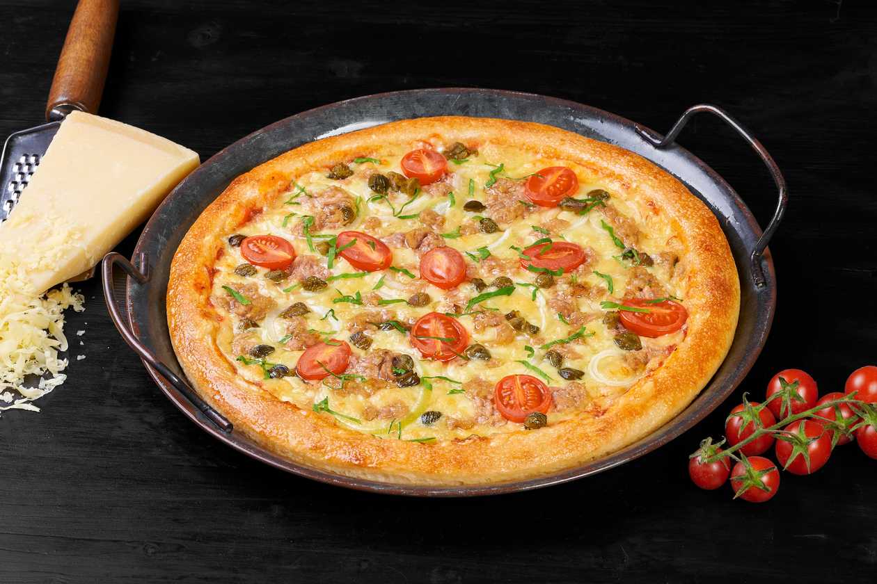 With tuna thick-crust pizza