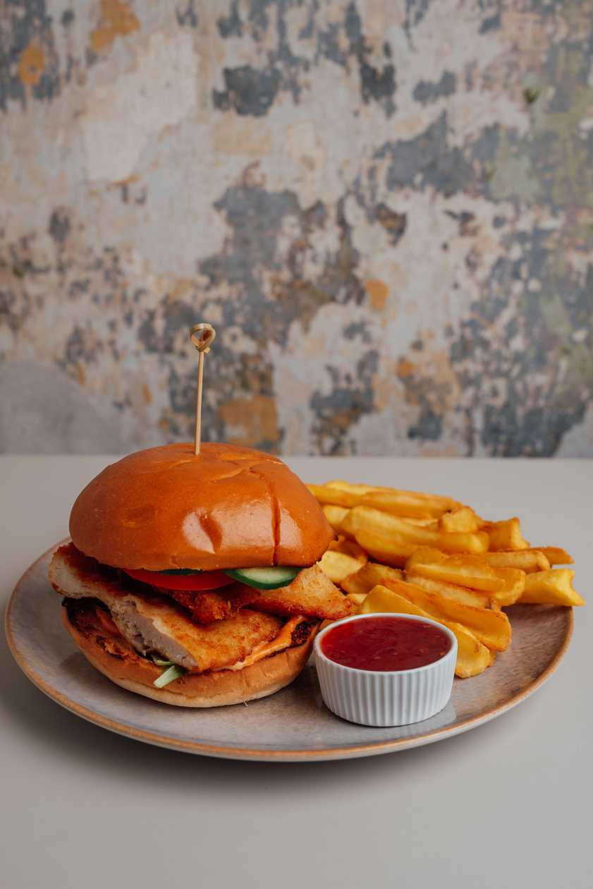 Fresh Burger Chicken, Potatoes and Sauce Meal