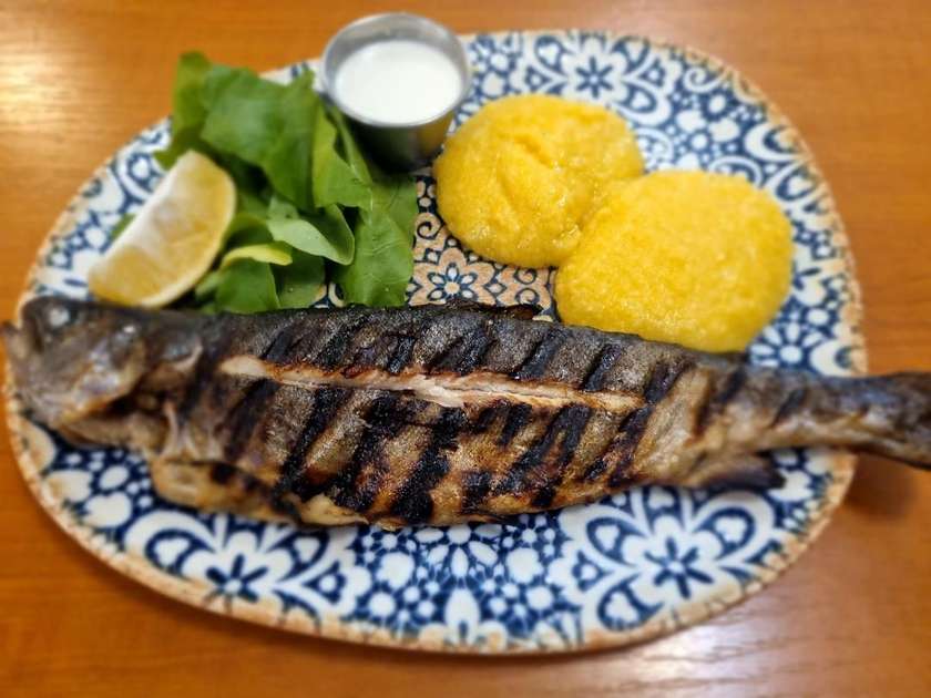 Grilled trout, polenta,garlic