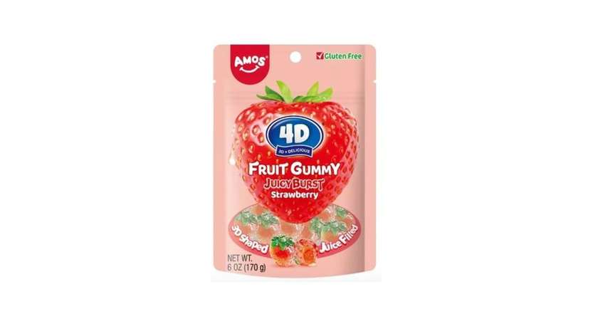 Želejas konfektes AMOS 4D FRUIT GUMMY (STRAWBERRY), 65g