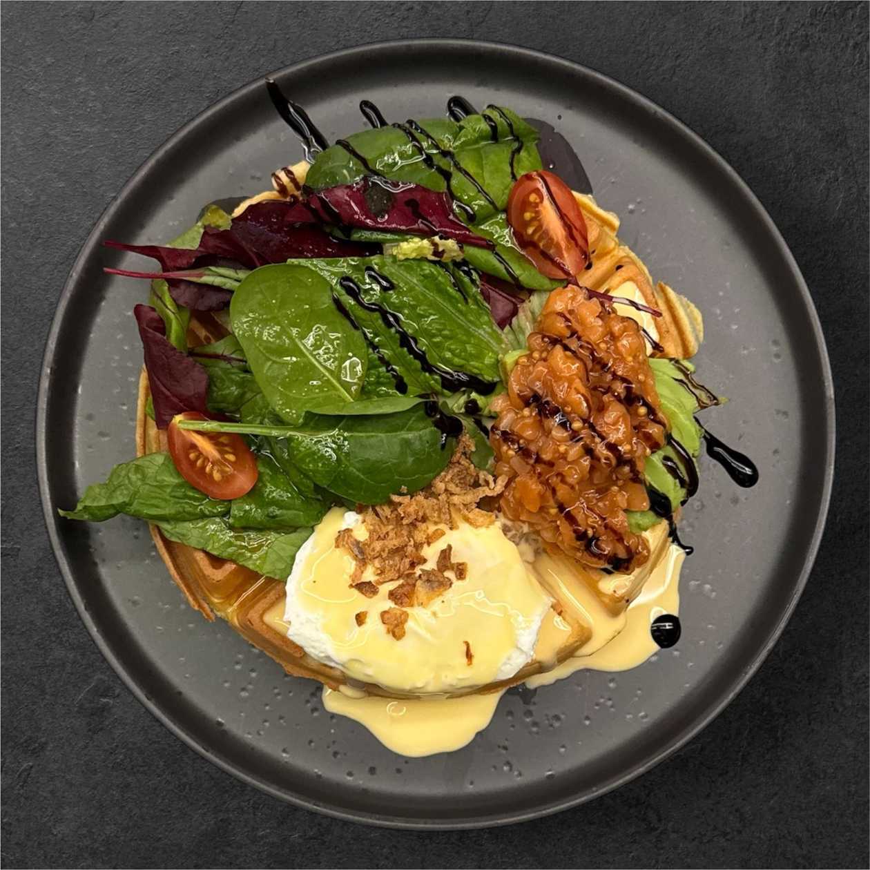 Waffle with salmon and avocado