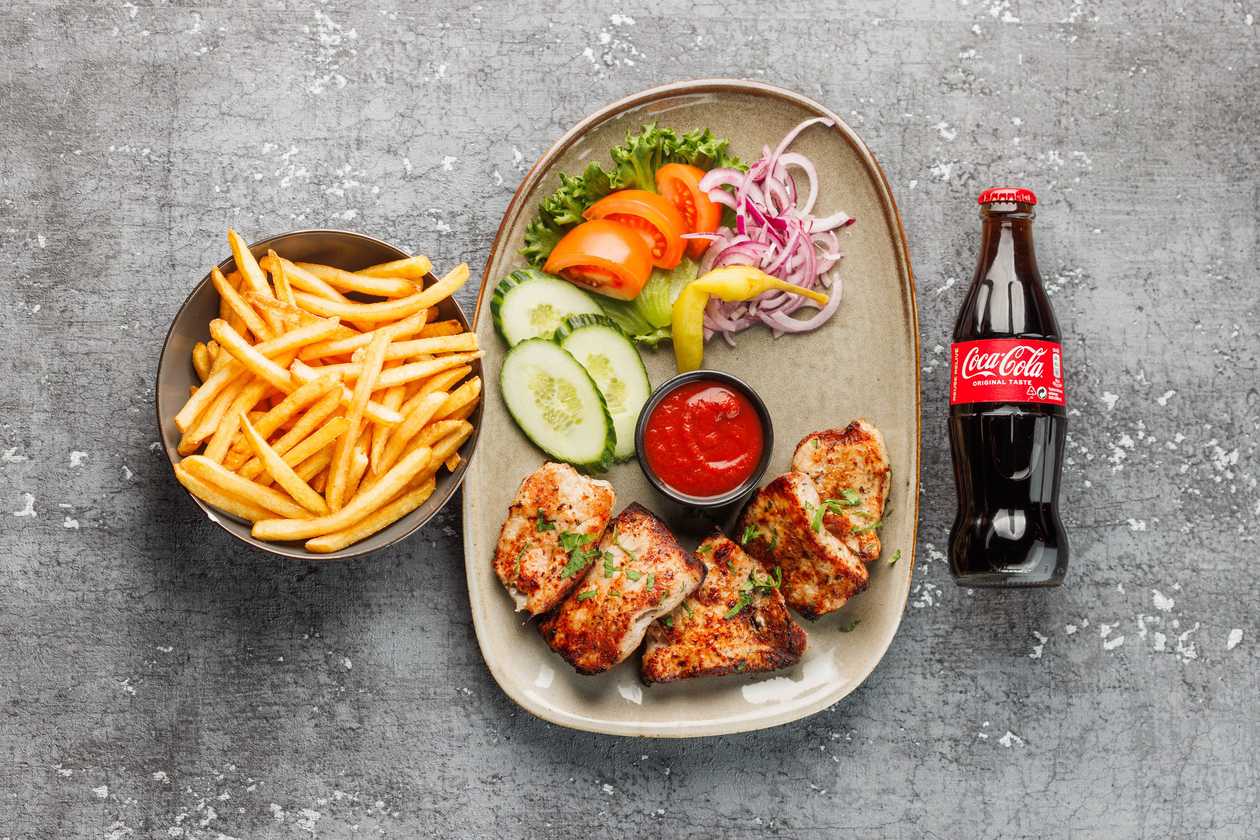 Pork shashlik + French fries + Coca-Cola