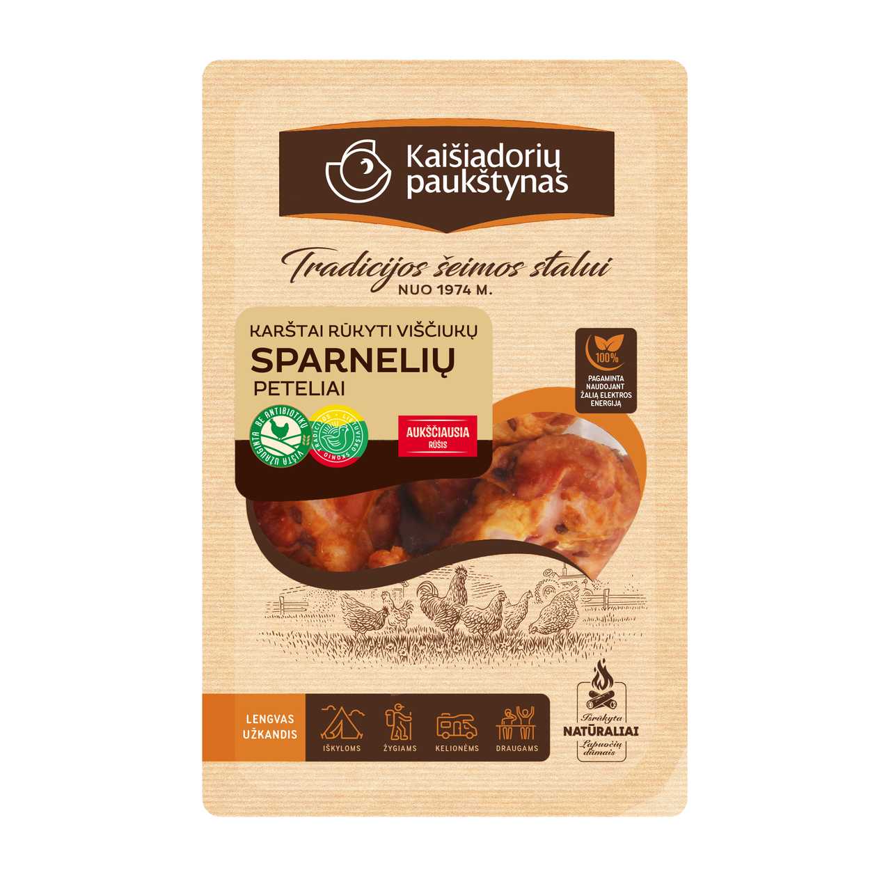 Karštai rūkyti viščiukų sparnelių peteliai su kmynais KAIŠIADORIŲ PAUKŠTYNAS (a.r.), 300g (baigiasi galiojimas)
