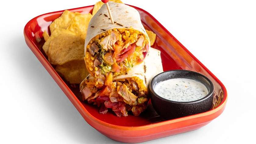 Burrito with grilled chicken and tomato salsa