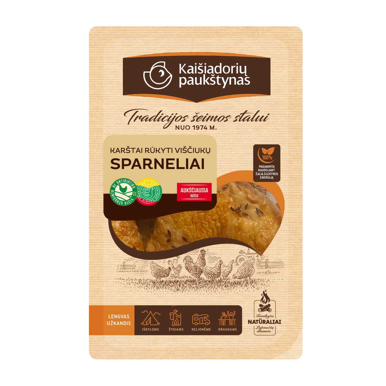 Karštai rūkyti viščiukų sparneliai su kmynais KAIŠIADORIŲ PAUKŠTYNAS (a.r.), 400g (baigiasi galiojimas)