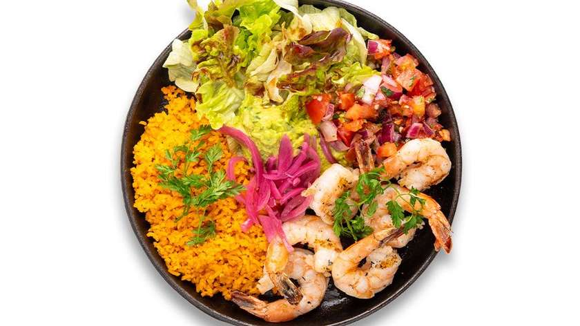 Burrito bowl with Pico de gallo salsa and grilled prawn