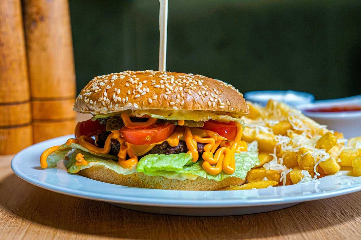 Chicken Burger With Fries And Sauce