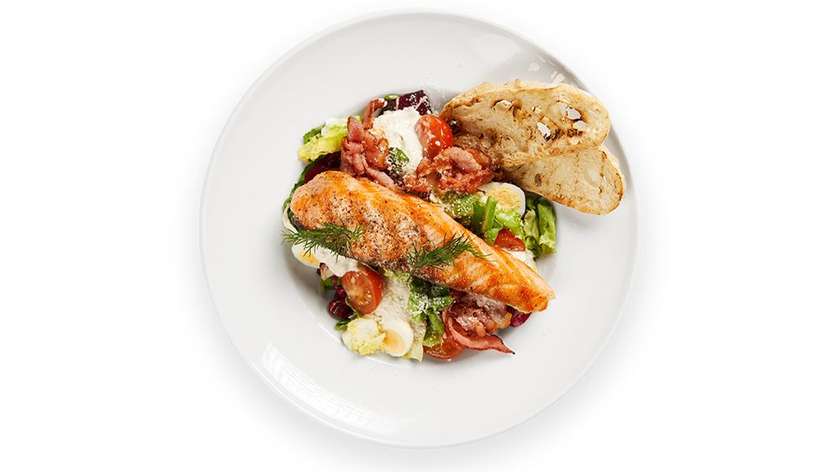 Lithuanian Ceasar salad, and fried salmon