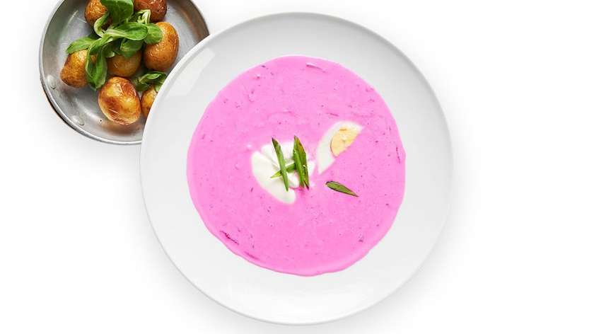 Cold beetroot soup with baby potatoes