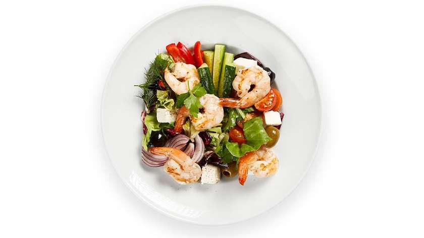 Salad with feta cheese, and fried prawns