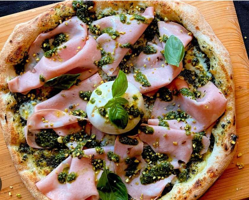 Pizza with Burrata and Mortadella with Pistachios