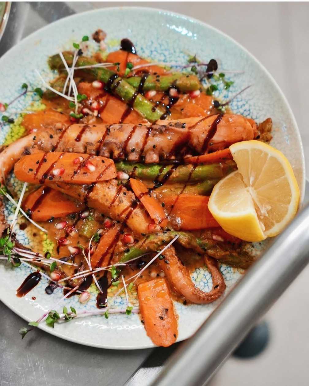 Seared Octopus with Carrot, Asparagus, and Pomegranate