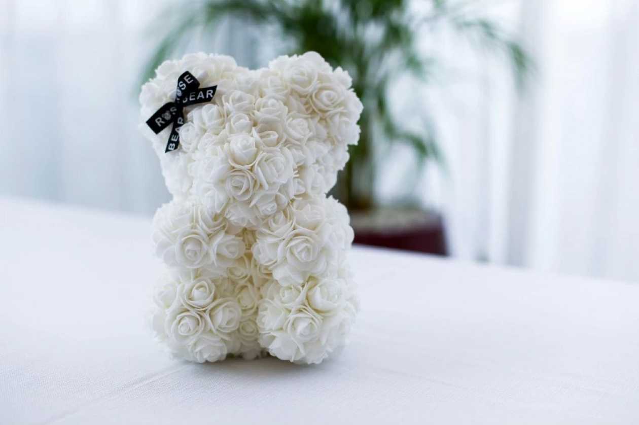 White Rose Teddy Bear with Ribbon