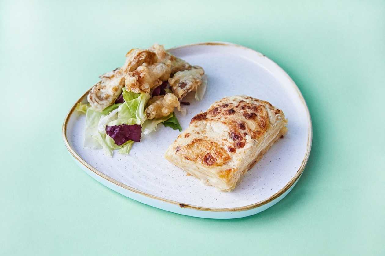 Cartofi Quattro Formaggi cu tempura de pleurotus