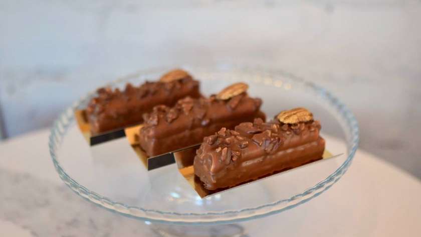 Cocoa Almond Biscuit, Caramel Ganache, Caramel Mousse, Pecans