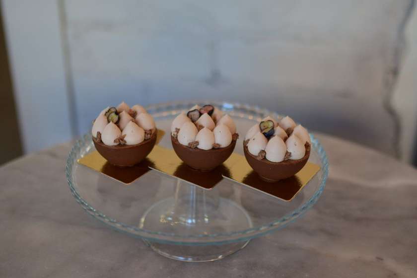 Chocolate dessert with blueberries and raspberries
