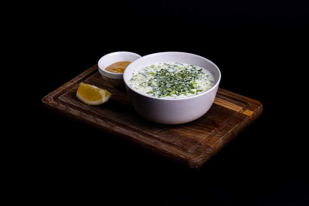 Okroshka with Salmon and Shrimp