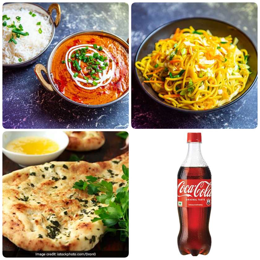 Butter Chicken Combo with Rice, Garlic Naan, Vegetable Noodles, and a Drink