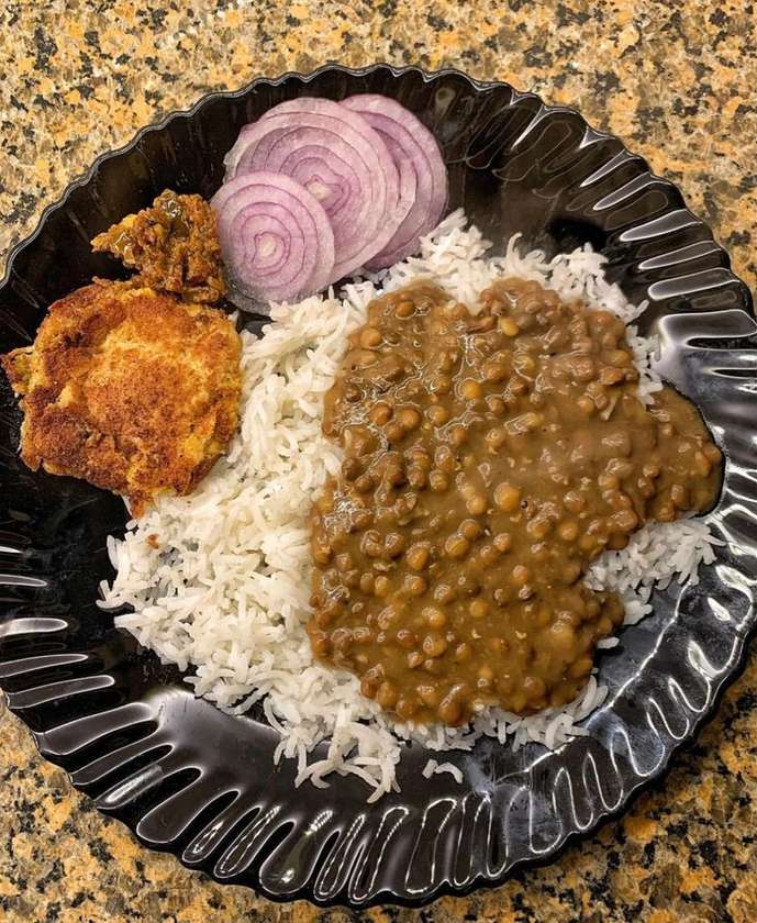 Lentil curry with rice + cutlus+ raita + salad