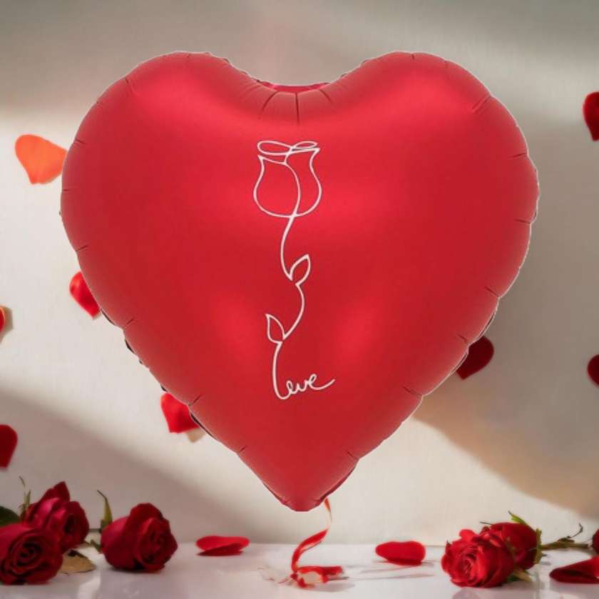 Foil heart with helium (41cm) red satin with rose (1pc)