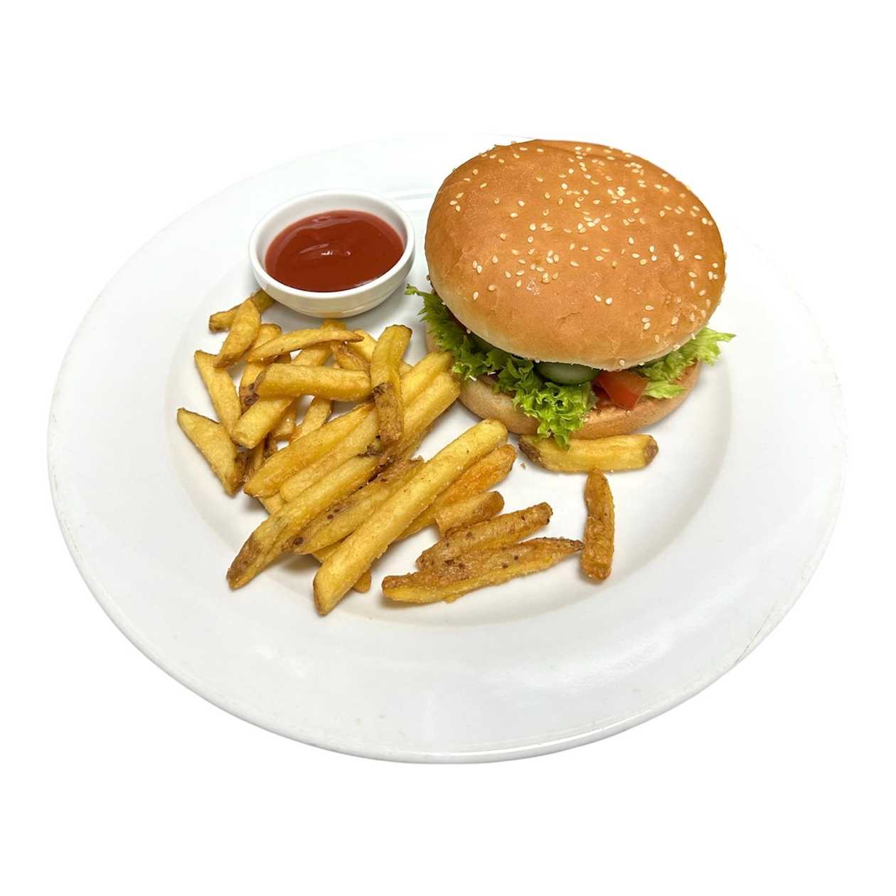 Burger with vegan patty and french fries