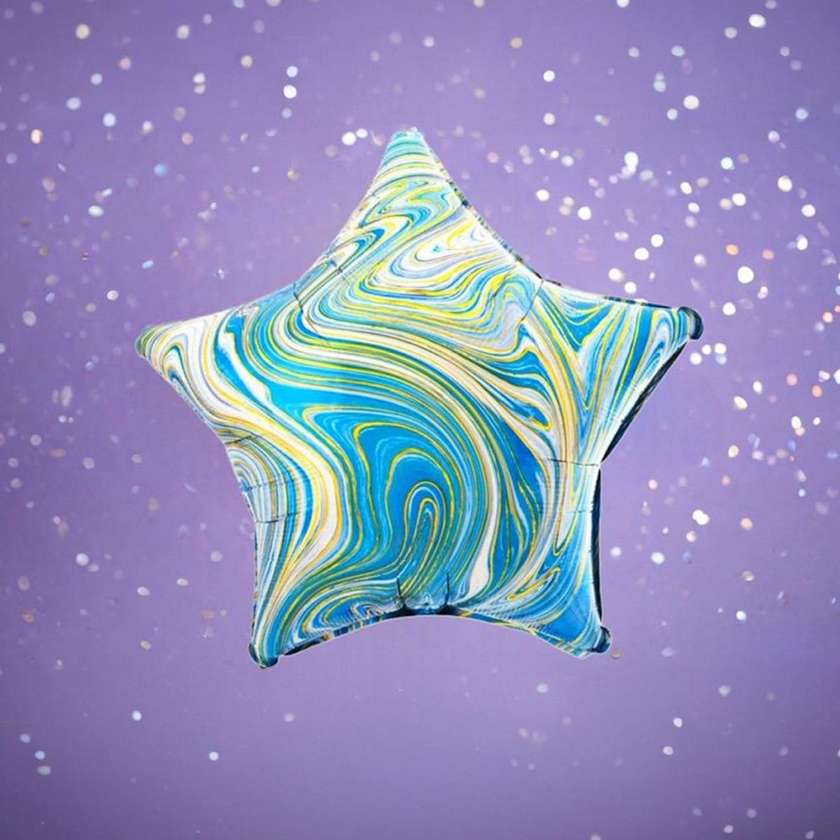Foil star with helium (41cm) Blue Marble, (1pc)