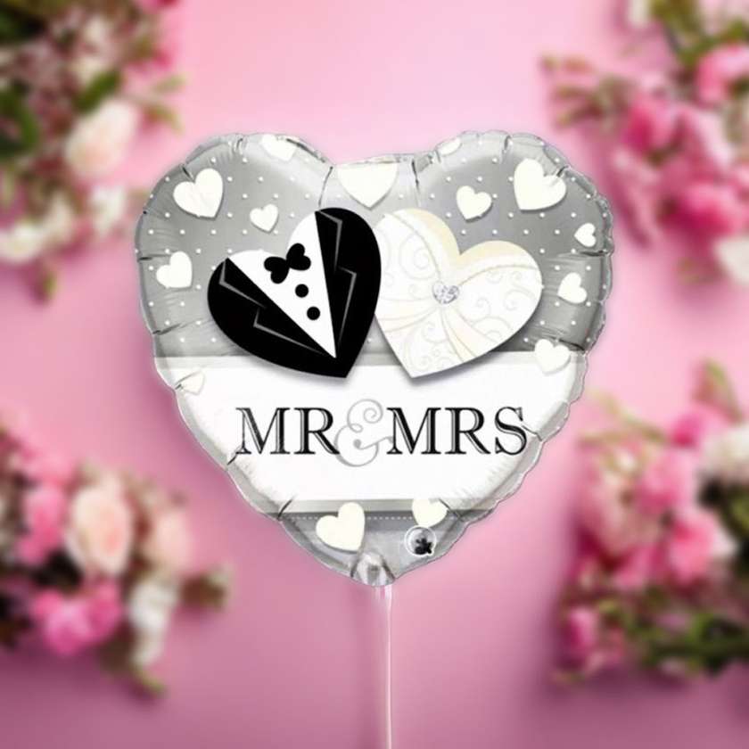 Foil heart with helium (41cm) Silver Wedding (Mr/Mrs), (1pc)