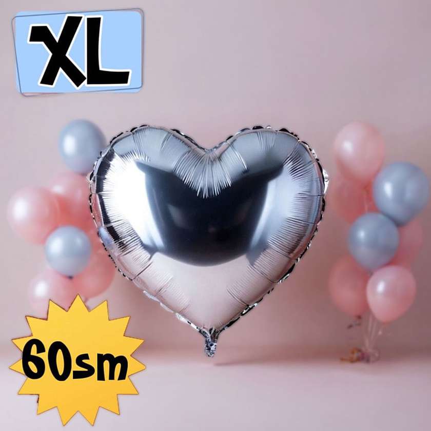 Foil heart XL with helium (60cm) Silver, (1pc)