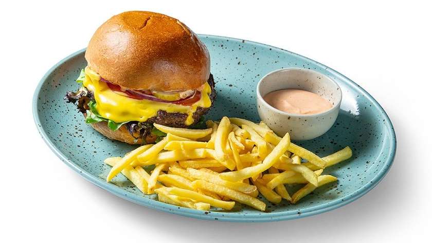 Beef burger with a side of fries