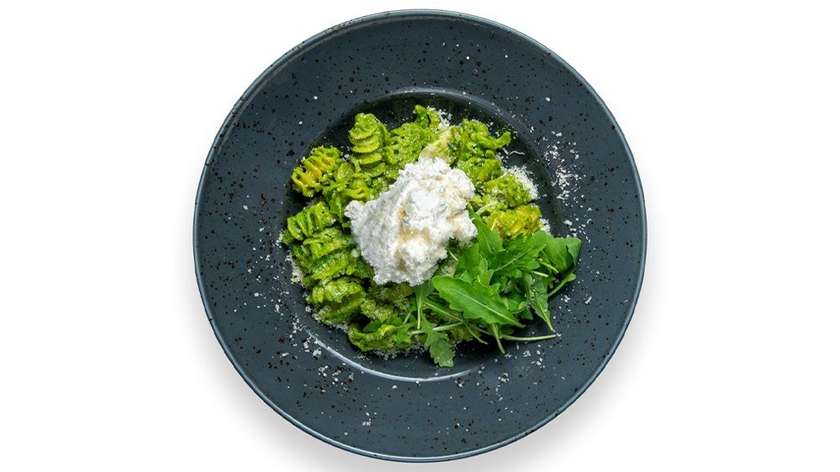 Pasta radiatori with basil pesto and chicken